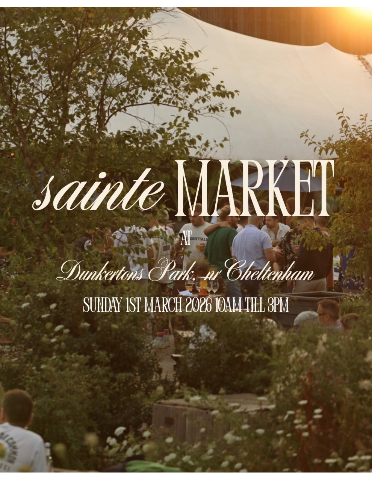 Advertisement for 'sainte MARKET' event at Dunkertons Park with people walking in a park.