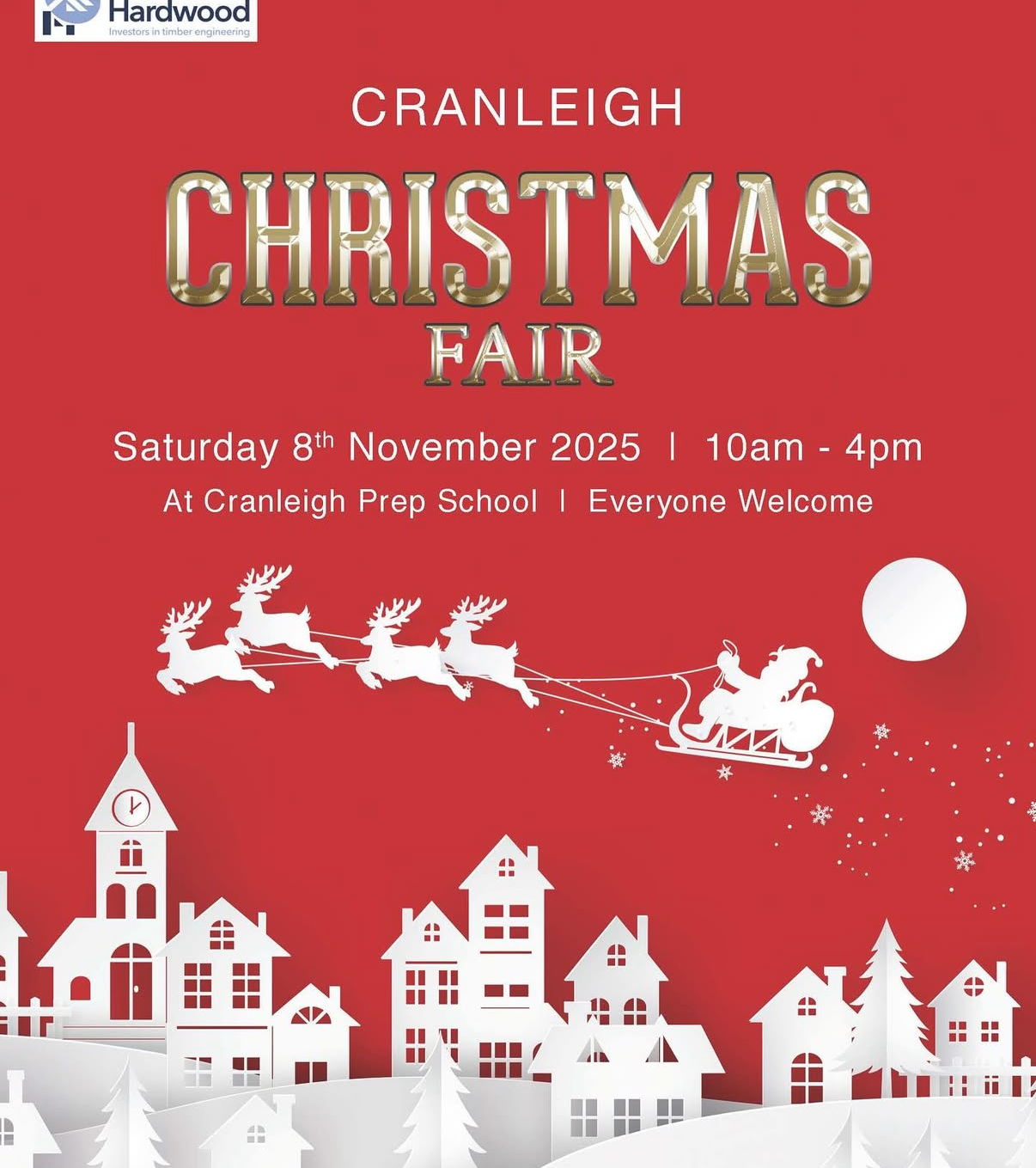 Advertisement for Cranleigh Christmas Fair with Santa and reindeer on a red background