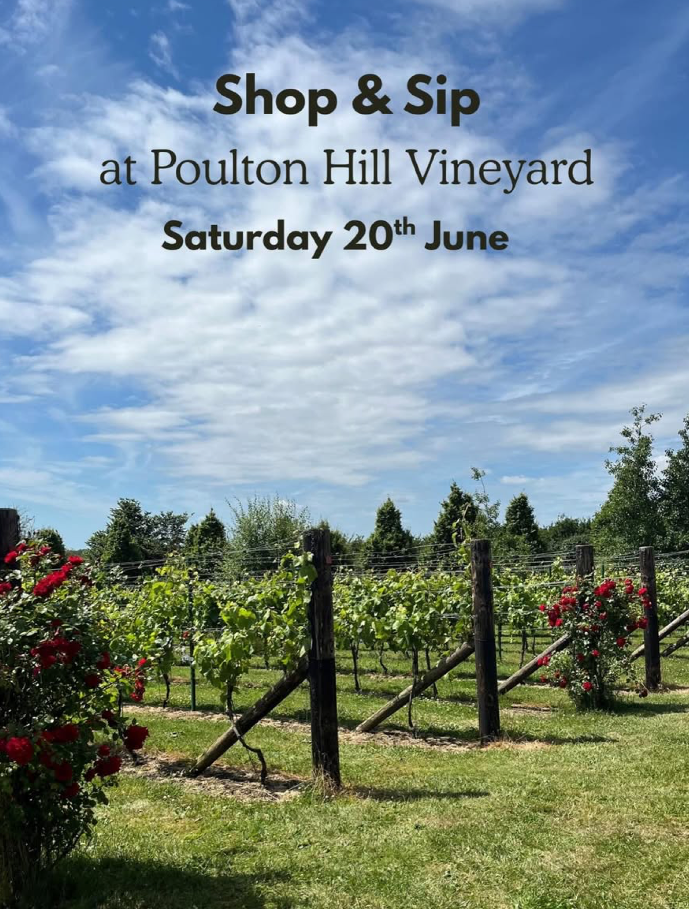 Promotional graphic for 'Shop & Sip' event at Poulton Hill Vineyard with vineyard view.